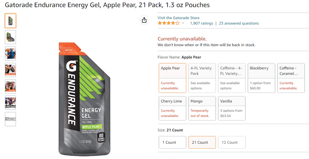 Screenshot of Amazon showing Gatorade Apple Pear Energy gels that are currently unavailable.